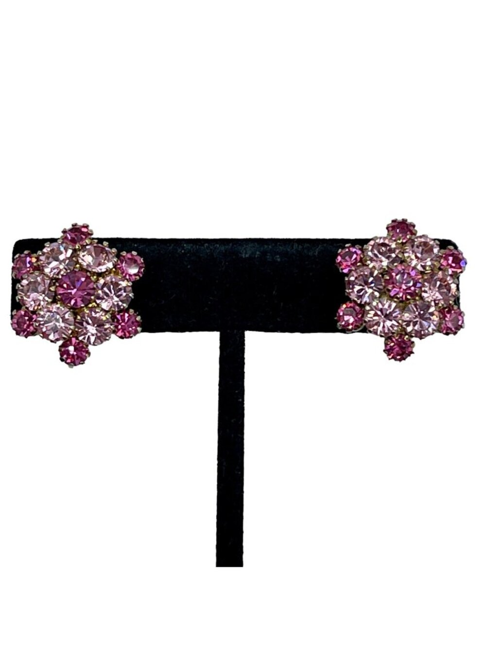 Pink Rhinestone Earrings Two Toned Prong Set Cluster Vintage Clip On Gold Tone - Picture 1 of 16